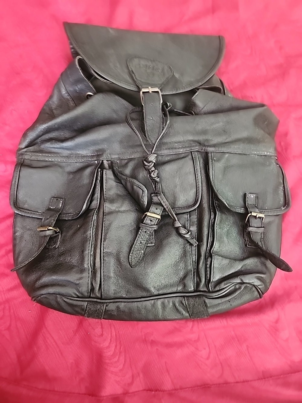 Men's Black Leather Drawstring Backpack with Front Pockets Vintage 90's